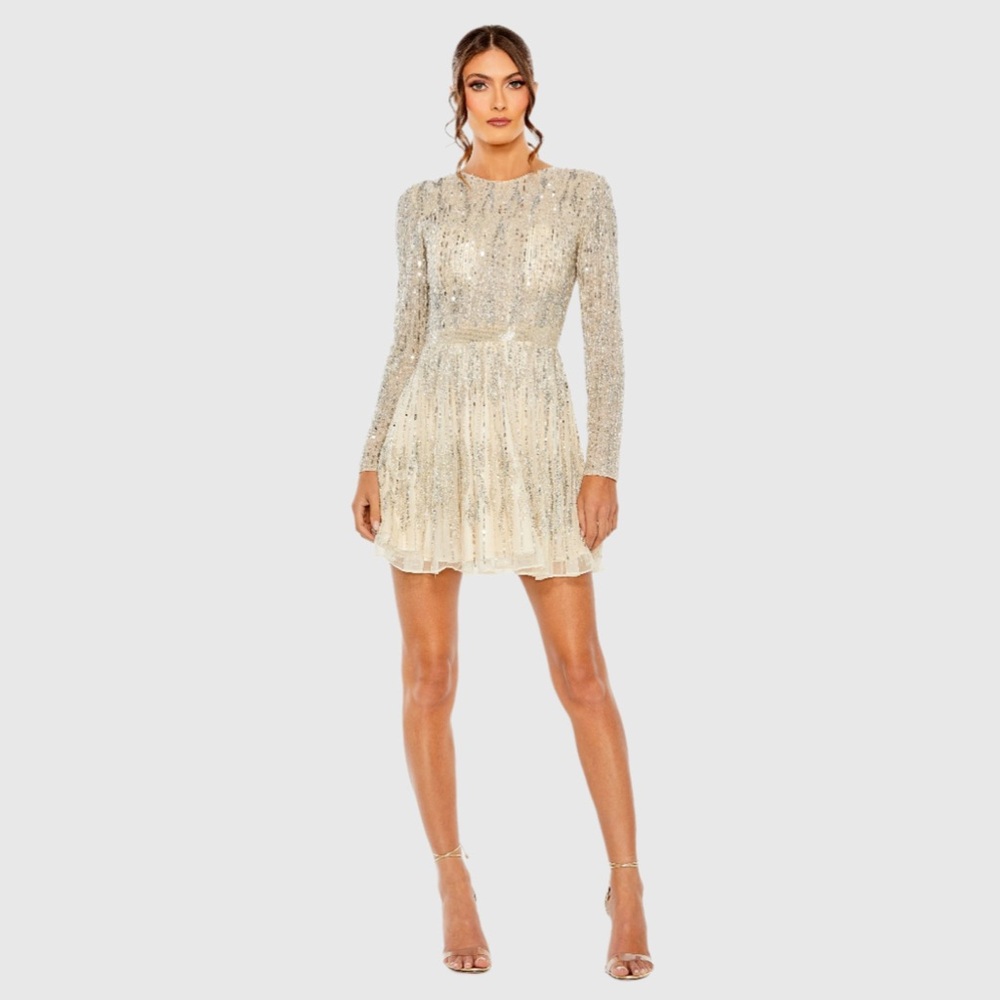 Mac Duggal High Neck Long Sleeve A Line Mini Dress 5923